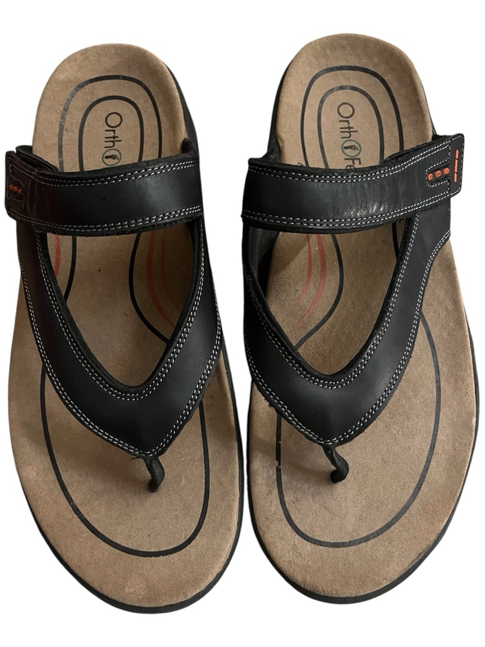 OrthoFeet Men's Black Leather Toe-Post Sandals with Contoured Footbed